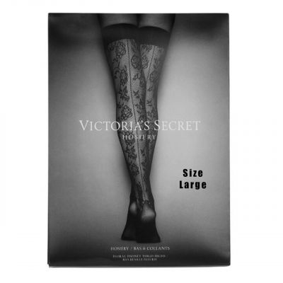 VS Pure Black Sheer Mesh Floral Fishnet Thigh Highs Tights Hosiery Large NEW