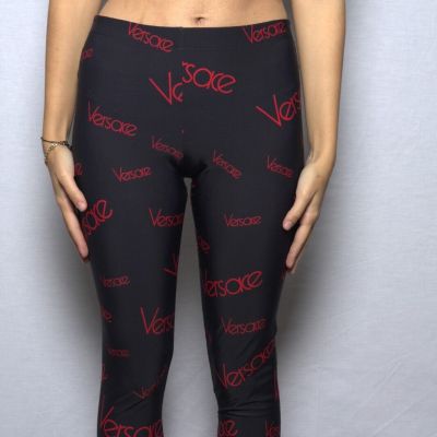 NWT Versace Iconic Black Red All Over White Logo Printed Leggings Spandex Sz 40