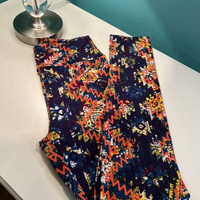 Lularoe Leggings OS Navy Blue with Yellow Orange Aztec Rare!