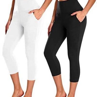 Leggings with Pockets for Women - Yoga Pants Small-Medium Capri-black/White