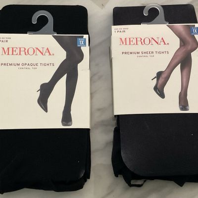 Lot of 2 Merona Black Premium Sheer & Opaque Tights Size 1X - Black