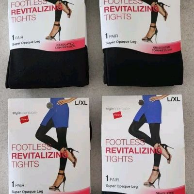4 PAIRS Hanes Women's L XL Footless Revitalizing Compression Tights BLACK #53524
