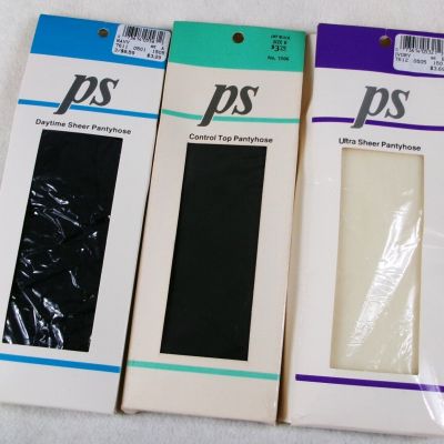 PS Plus Size Pantyhose Vintage 3 Pair A B New in Package Black Navy Ivory USA