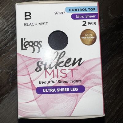 L'eggs ~ Silken Mist 2 Pair Women's Tights Hose Black Mist Control Top Ultra ~ B