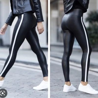 Spanx Leggings Women's S Black Faux Leather Stripe Legging NWT Clubbing Shiny