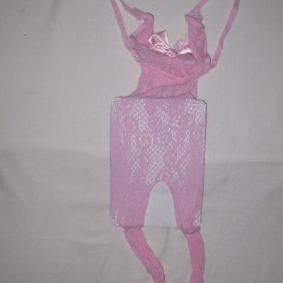 Kawaii sheer fishnet & lace crotchless open rear bodystocking pastel pink w/bow