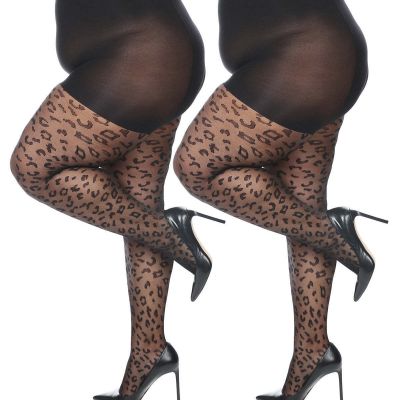 Women's Curvy Leopard Sheer Nylon Control Top Tights