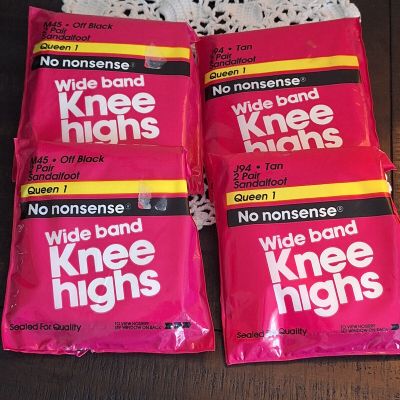 VINTAGE 1988 NO NONSENSE 8 PAIR WIDE BAND KNEE HIGHS QUEEN 1 COLORS  BLACK / TAN