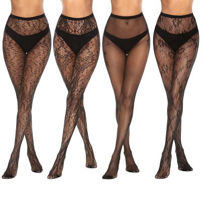 4 Pairs Womens Patterned Black Fishnet Stockings Tights Sexy Suspender Thigh ...