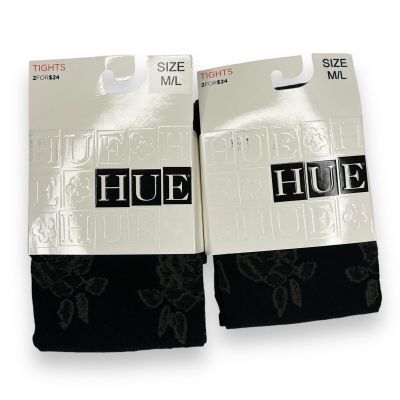 Hue Womens Size M/ L Single Rose Tights Control Top Black 2 Pair