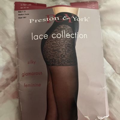 Preston & York Sheer Pantyhose Size 1 2 Medium Nude Style 1967 Lace Control Top