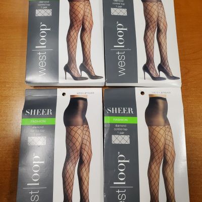 4 Pairs: Sheer Diamond Fishnet Pantyhose Control Top Jet Black *Size D* (AE1874)