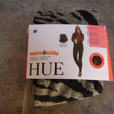 Hue Plush Leggings SZ M Zebra Black Brown Soft Stretch Warm Cozy Curl Waist Open