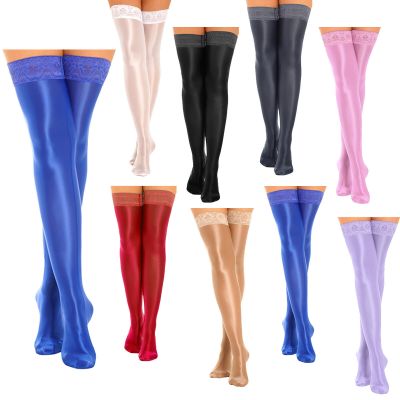 US Women Shiny Thigh High Stockings Lace Sheer Footed Tights Stay Up Pantyhose