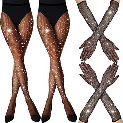 4 Pairs Rhinestone Fishnet Long Gloves Fishnet Stockings Set Bling Mesh Black