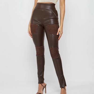 MANIÈRE DE VOIR VEGAN LEATHER & SUEDE RIBBED LEGGING - CHOCOLATE BROWN- Size 12