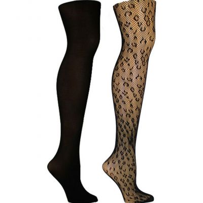 Steve Madden Women's 2 Pack Leopard and Solid Opaque Tights SMALL/MEDIUM