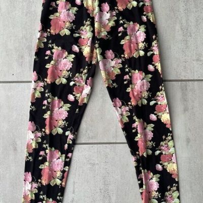 Miss Lulu Womens Leggings Black Pink Floral Full Length Elastic Waist Pull On 24