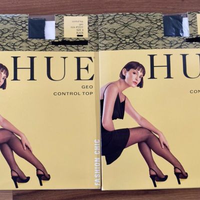 Lot (2) HUE Pantyhose Tights Black Size 3 Sexy Lace Geo Control Top Stockings