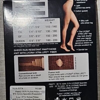 1 Pair Peds Regular Control Top Pantyhose Silky Soft Ultra Sheer Leg Queen Nude