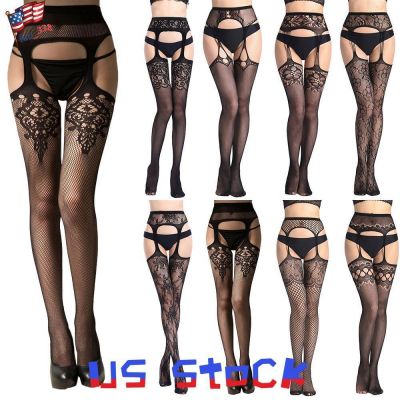 Women Lace Mesh Lingerie Garter Belt Fishnet Thigh High Stocking Pantyhose Socks