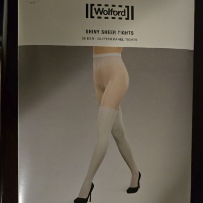 Wolford Shiny Sheer Tights 35 Den Glitter Panel, Black/Pewter, Size Large, NIB