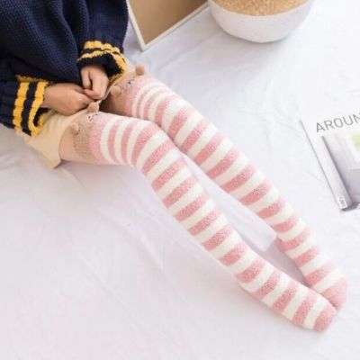 Thigh High Fleece Cute Pink Stripped Animal Fuzzy Socks