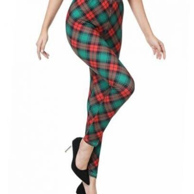 Womens Ugly Christmas Leggings Workout Pants Holiday Large Green/Red Plaid