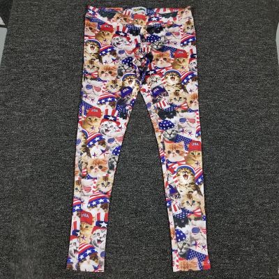 Tipsy Elves Leggings Womens Medium USA Flag Cat Kitten Allover Print Stretch