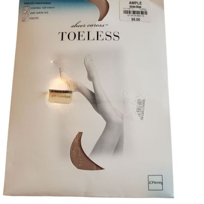 JC Penney Pantyhose Womens Beige Sheer Caress Toeless  Ample Plus  USA