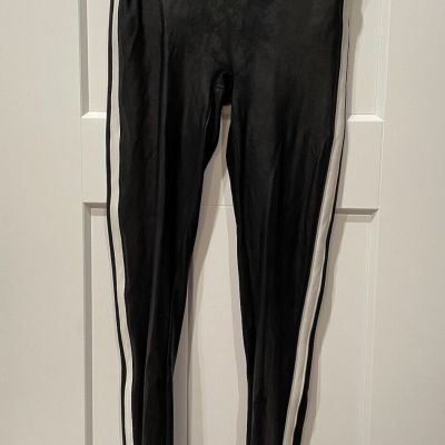 SPANX Black Faux Leather Leggings with White Side Stripe Women’s Sz Medium