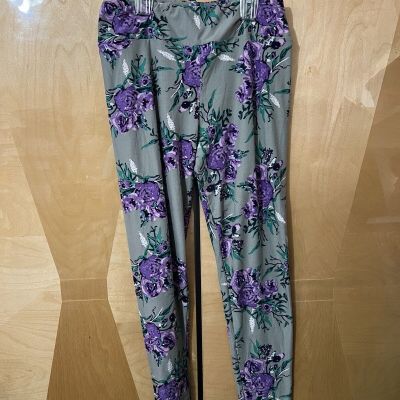 Lularoe Womens Pants Tall & Curvy TC Gray Purple Flowers Tight Leggings Comfort