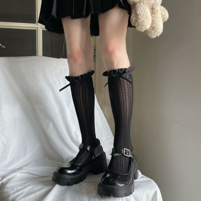 1 Pair Knee High Socks Bowknot Decor Dressing Up Retro Solid Color Hollow