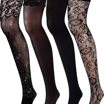 4 Pairs Woman'S Black Lace Top Thigh-High Fishnet Stockings Silk Stockings (Mult