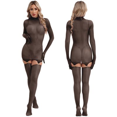 US Women's See Through Full-body Bodysuit Gloved Sleeve Tights Bodystockings