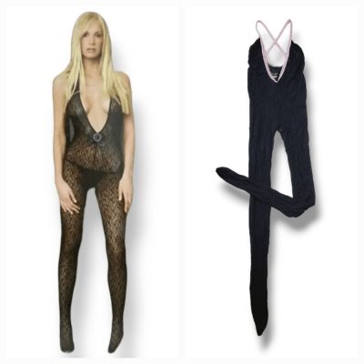 NEW Leg Avenue Deep Vneck Sheer Black Lace Bodystocking Catsuit One Size