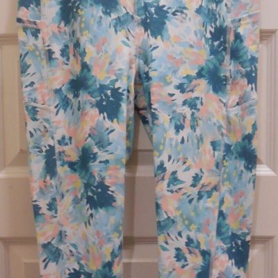 VGUC Gaiam Bright White & Blue Willa Om Pocket 22'' Hi-Waist Capri Leggings - L