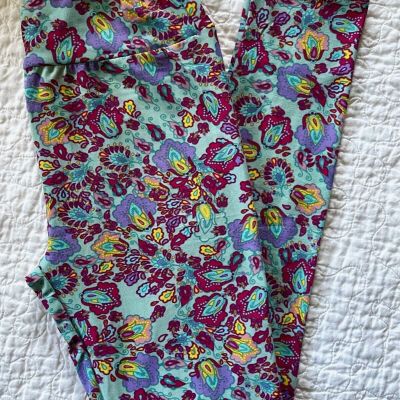 LuLaRoe Leggings OS Paisley Floral Damask Fleur De Lis Mint Green Purple Magenta