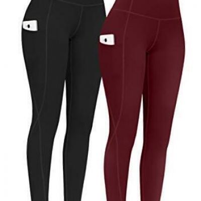 2 Pack High Waist Yoga Pants with Pockets, Tummy Control Small Black & Wine