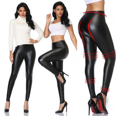 Women Black PU Faux Leather Pants Shaper Plus Up Butt Lift  Stretch-Fit Leggings