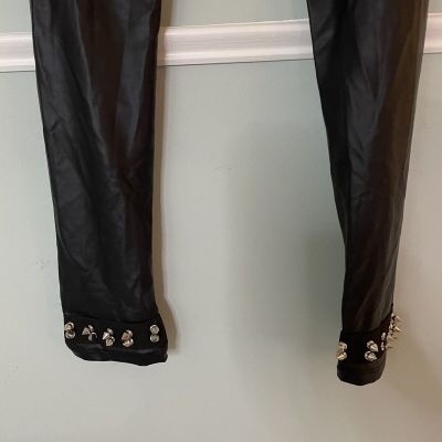 women’s size small black faux leather metal spike studded leggings, Zip Ankle