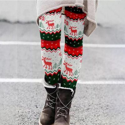 Women Xmas Legging Pants Elk Print Christmas Leggings Ladies Slim Fit Festival