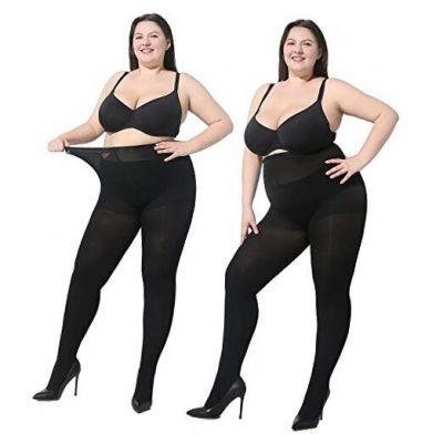 2 Pairs Women's Plus Size Opaque Tights Control Top High Waist 5X-6X Black