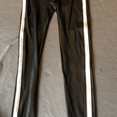 Spanx Faux Leather Leggings Medium Black White Side Stripe Tummy Control Ankle