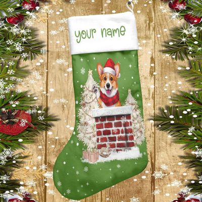 Personalized Corgi Merry Christmas Stocking, Corgi Xmas Gift Stocking (Style 1)