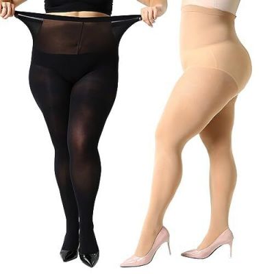 2 Pairs Plus Size Tights for Women 70D Semi Opaque Control Top Pantyhose Quee...