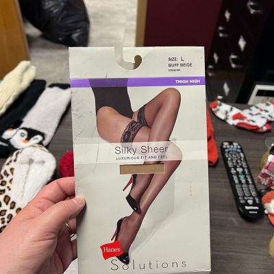 Hanes solutions - silky sheer - LARGE - buff beige - thigh high stockings