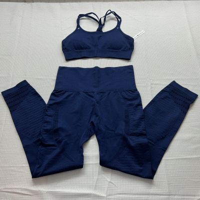 Navy Blue Bra Workout Leggings Butt Push Up Set Size Medium Gym Stretch