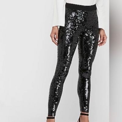 Express Black High Rise Sequin Leggings Sz S NWT