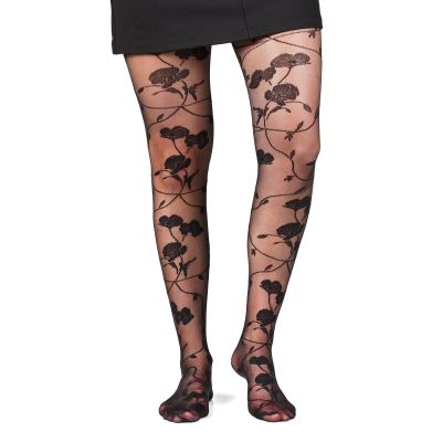 Fil de Jour France Floral Pantyhose Tights, Black Poppy, S/M Made in Italy 20D